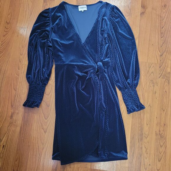 FRNCH Paris Bakhta Dress Teal Velvet Wrap Geometric Texture Puff Sleeve M - Picture 8 of 10